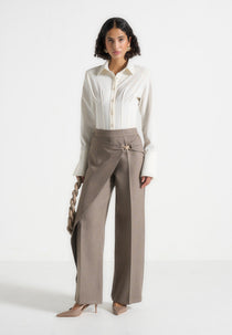 Beryl - Wrap Tailored Pants With Hardware Detail - Taupe