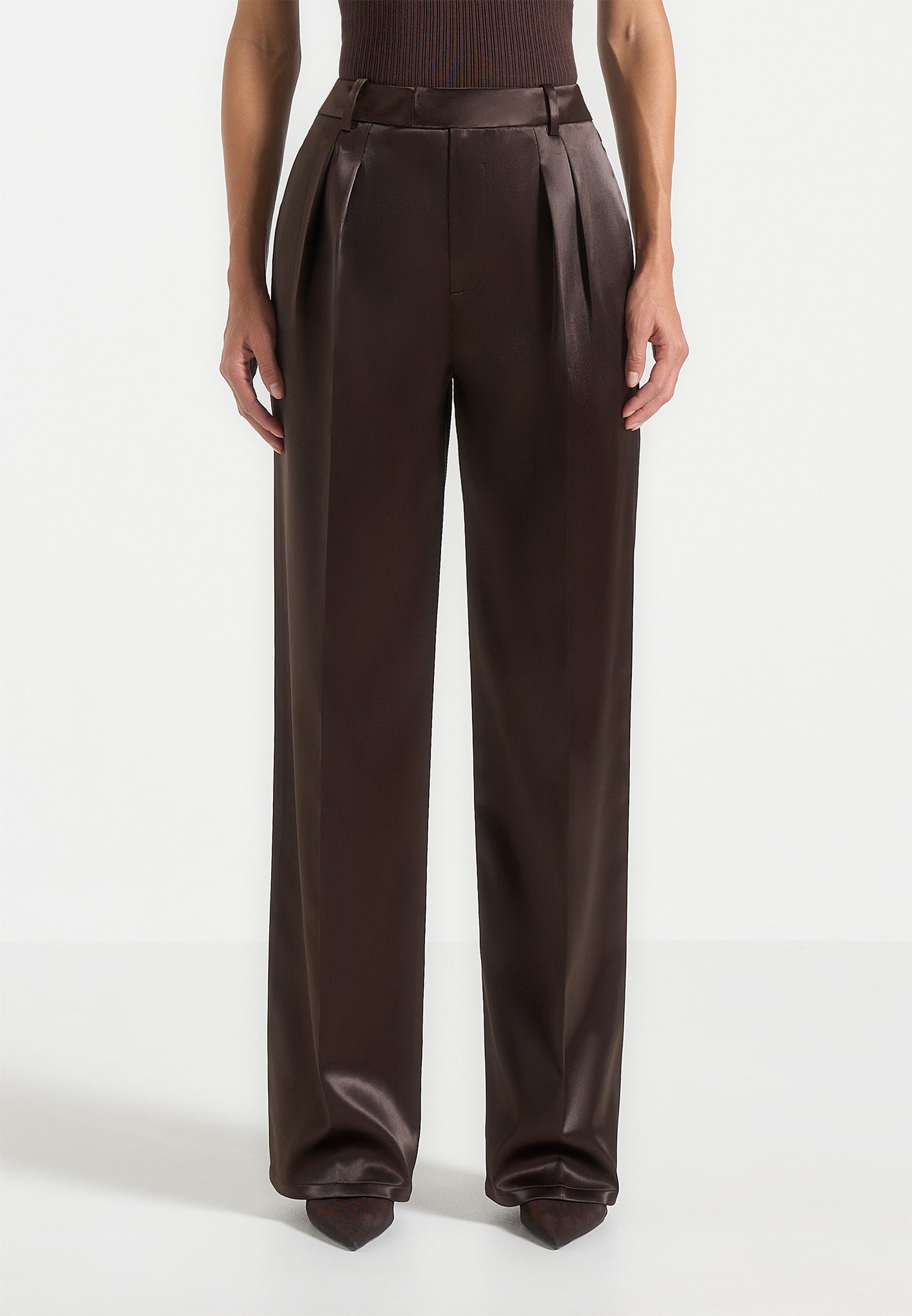 Julie - Satin Tailored Twin Pleat Trousers - Brown 