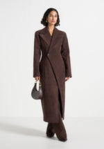 Esma - Suede Asymmetric Coat with Cinch Belt - Brown