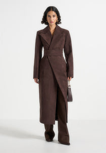 Esma - Suede Asymmetric Coat with Cinch Belt - Brown