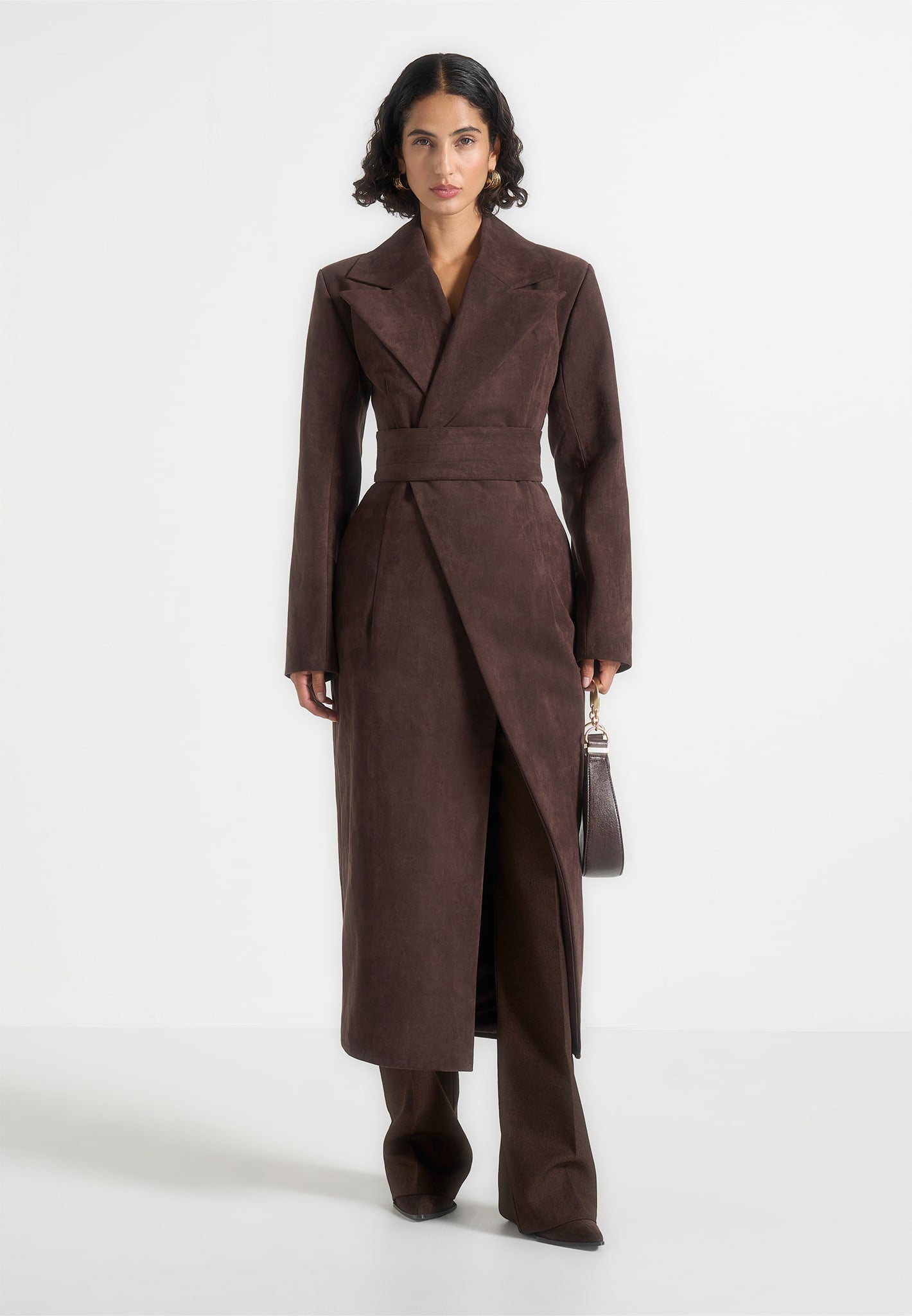 Esma - Suede Asymmetric Coat with Cinch Belt - Brown 
