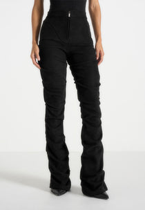 Caroline - Tacked Suede Fit & Flare Pants - Black