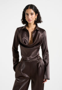 Satia - Satin Cowl Shirt with Chain Detail - Brown