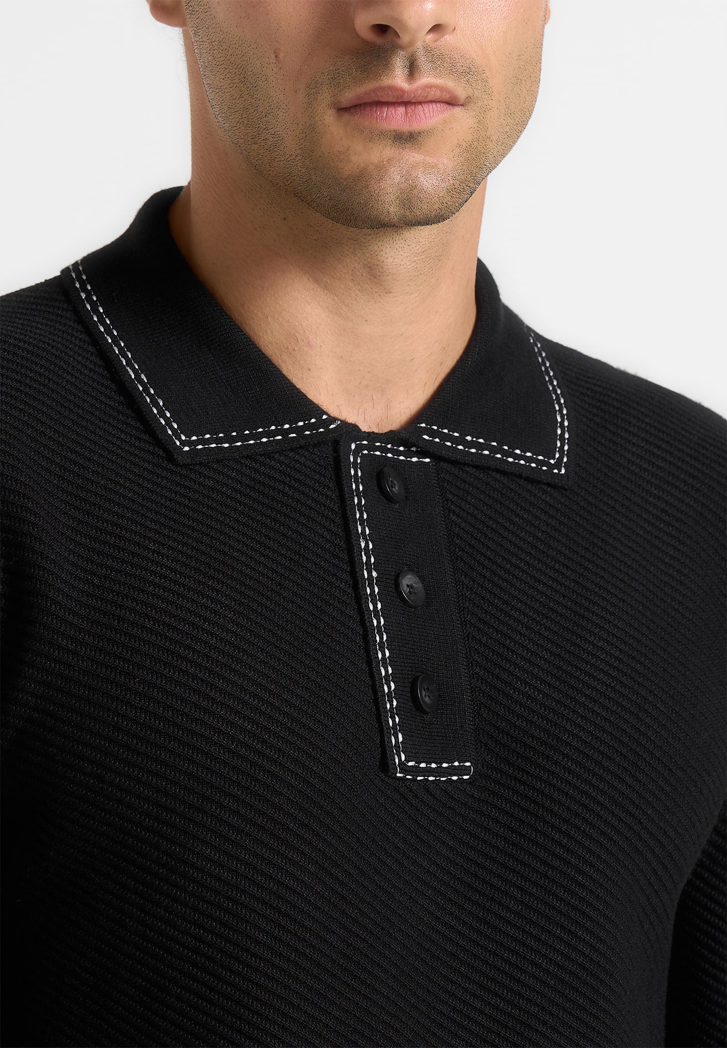 Aymeric - Whipstitch Detail Long Sleeve Knit Polo Shirt - Black 
