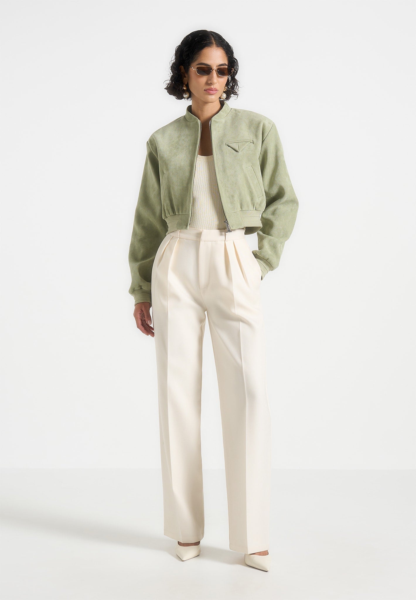Monique - Suede Wide Shoulder Bomber Jacket - Sage