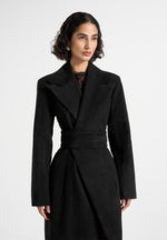 Esma - Suede Asymmetric Coat with Cinch Belt - Black