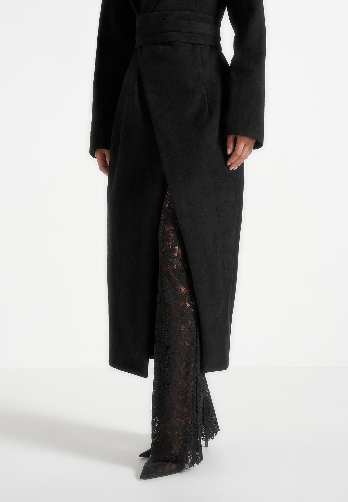 Esma - Suede Asymmetric Coat with Cinch Belt - Black