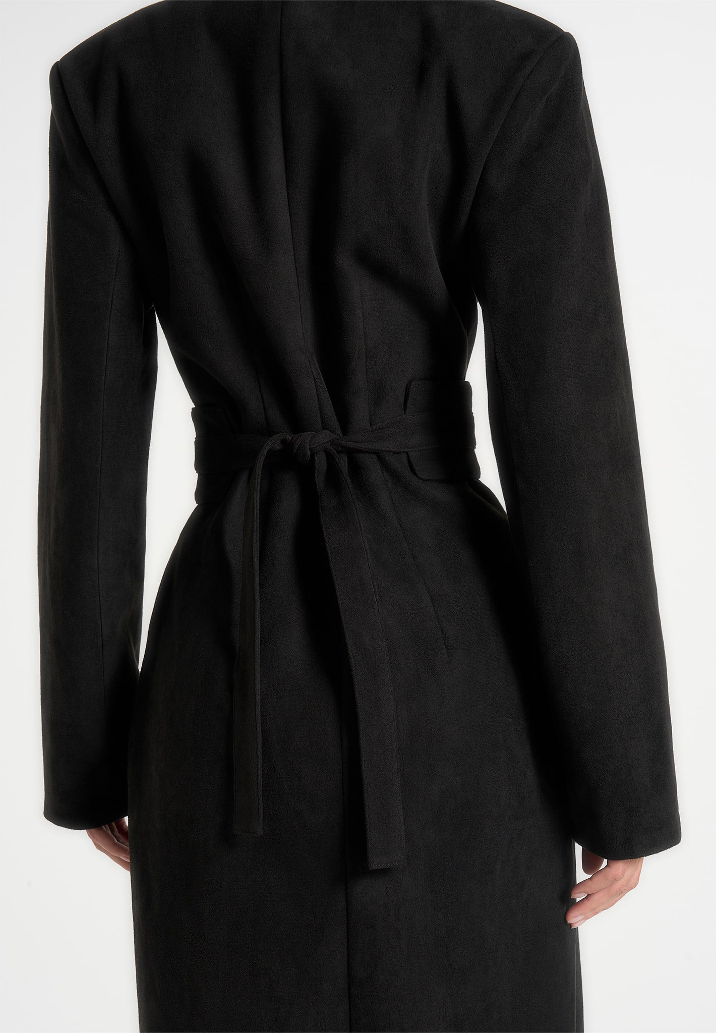 Esma - Suede Asymmetric Coat with Cinch Belt - Black