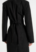 Esma - Suede Asymmetric Coat with Cinch Belt - Black