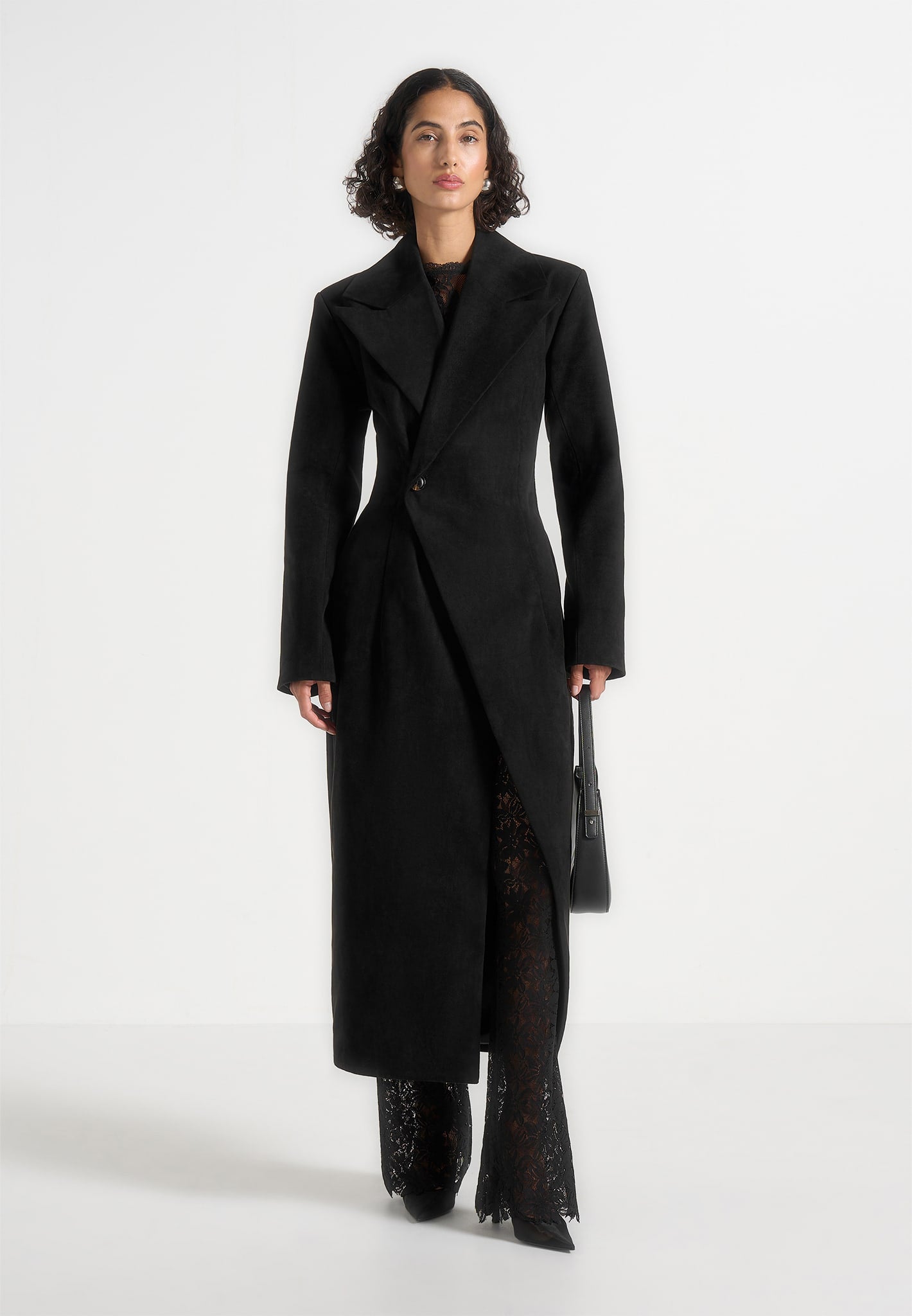 Esma - Suede Asymmetric Coat with Cinch Belt - Black