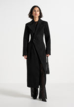 Esma - Suede Asymmetric Coat with Cinch Belt - Black