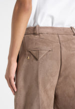 Solène - Suede Wide Leg Pleated Trousers - Taupe