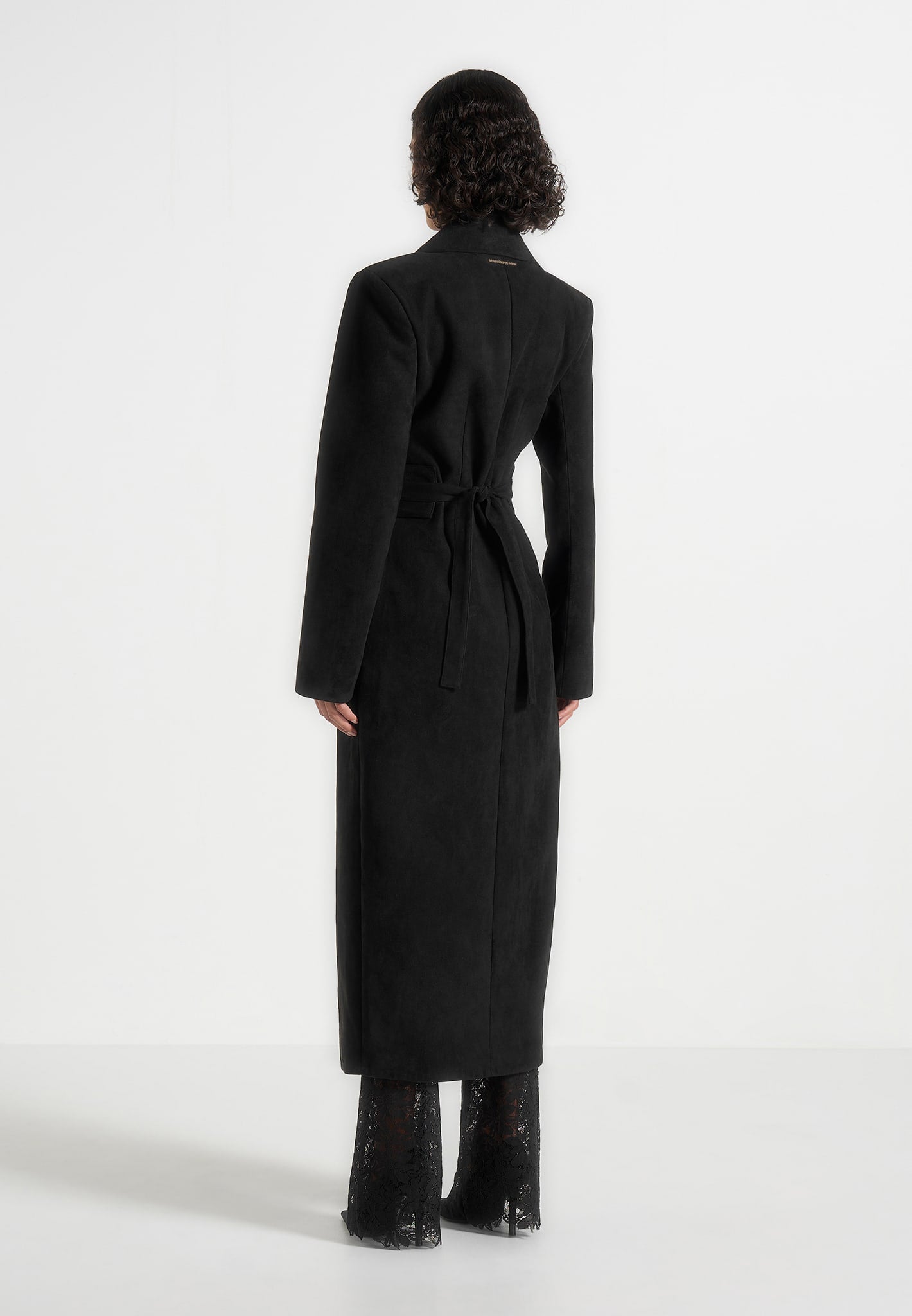 Esma - Suede Asymmetric Coat with Cinch Belt - Black