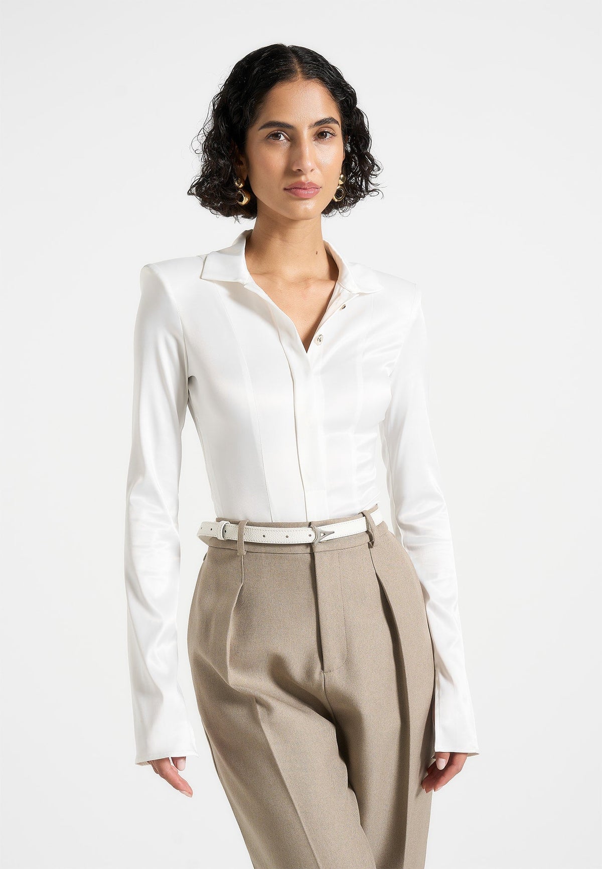 Louise - Wide Shoulder Satin Shirt Bodysuit - White