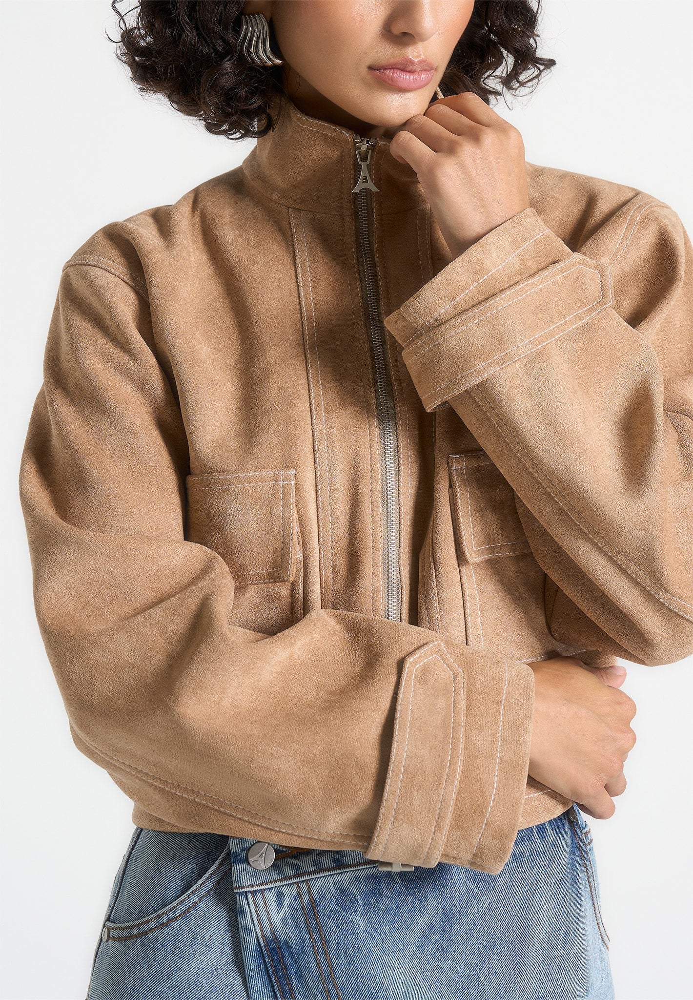 Nawel - Suede Contrast Stitch Jacket With Cinched Hem - Beige