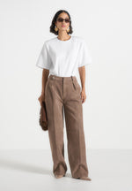 Solène - Suede Wide Leg Pleated Trousers - Taupe