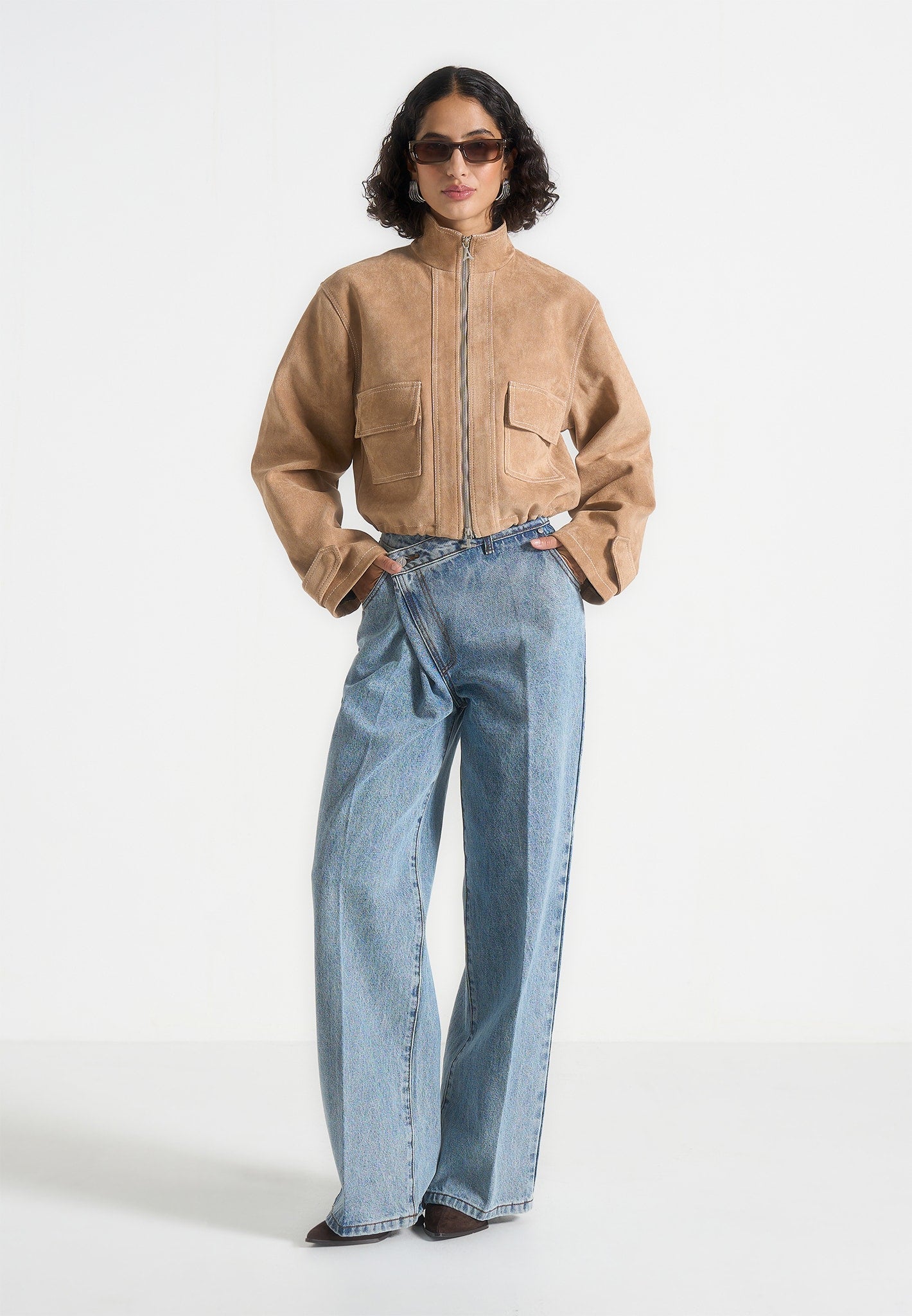 Nawel - Suede Contrast Stitch Jacket With Cinched Hem - Beige 