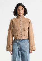 Nawel - Suede Contrast Stitch Jacket With Cinched Hem - Beige
