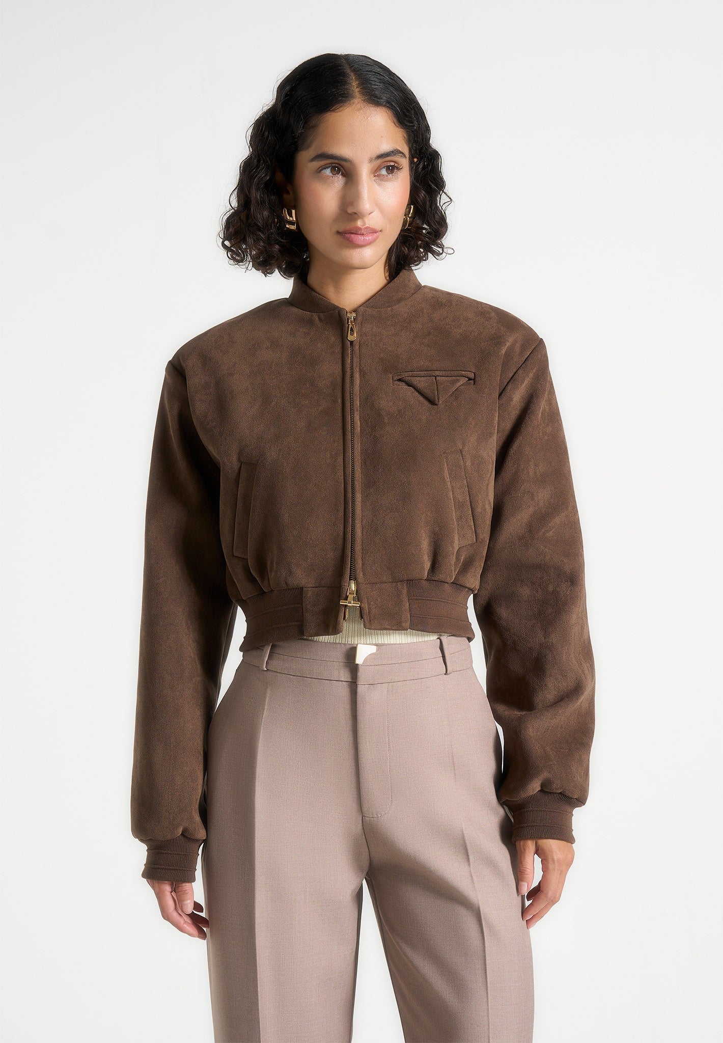 Monique - Suede Wide Shoulder Bomber Jacket - Brown 