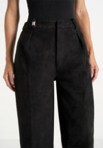 Solene - Suede Wide Leg Pleated Trousers - Black