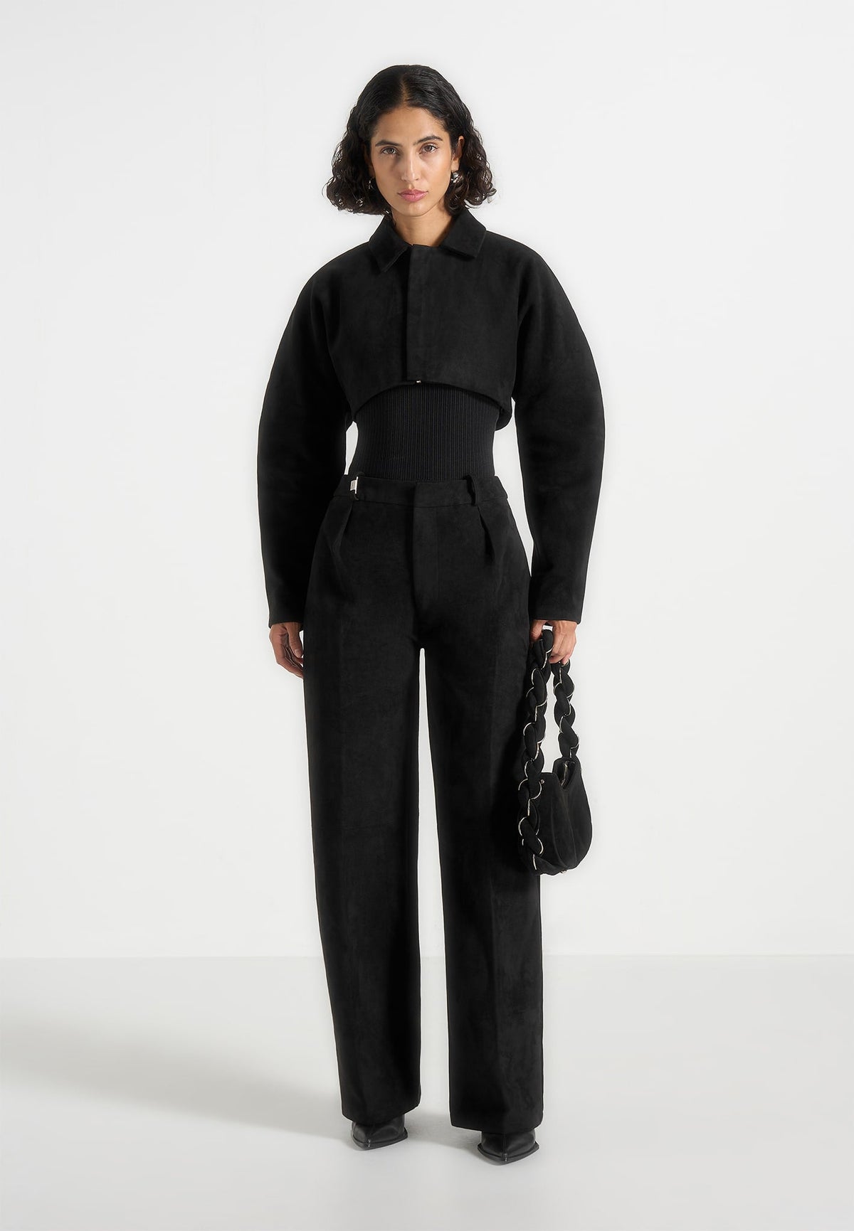Solene - Suede Wide Leg Pleated Pants - Black