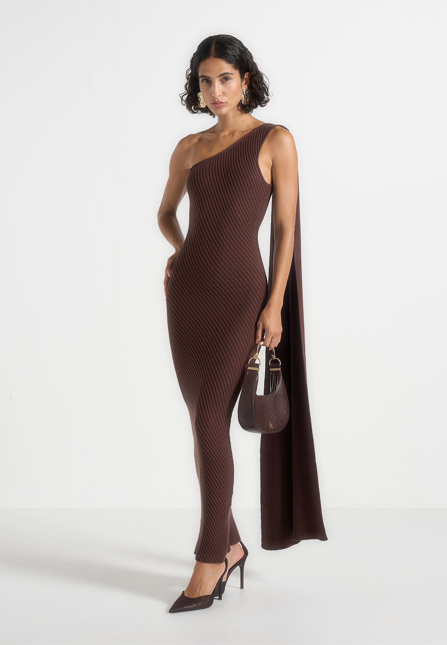 Laya - Asymmetric Knit Midaxi Dress With Scarf - Brown 