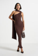 Laya - Asymmetric Knit Midaxi Dress With Scarf - Brown