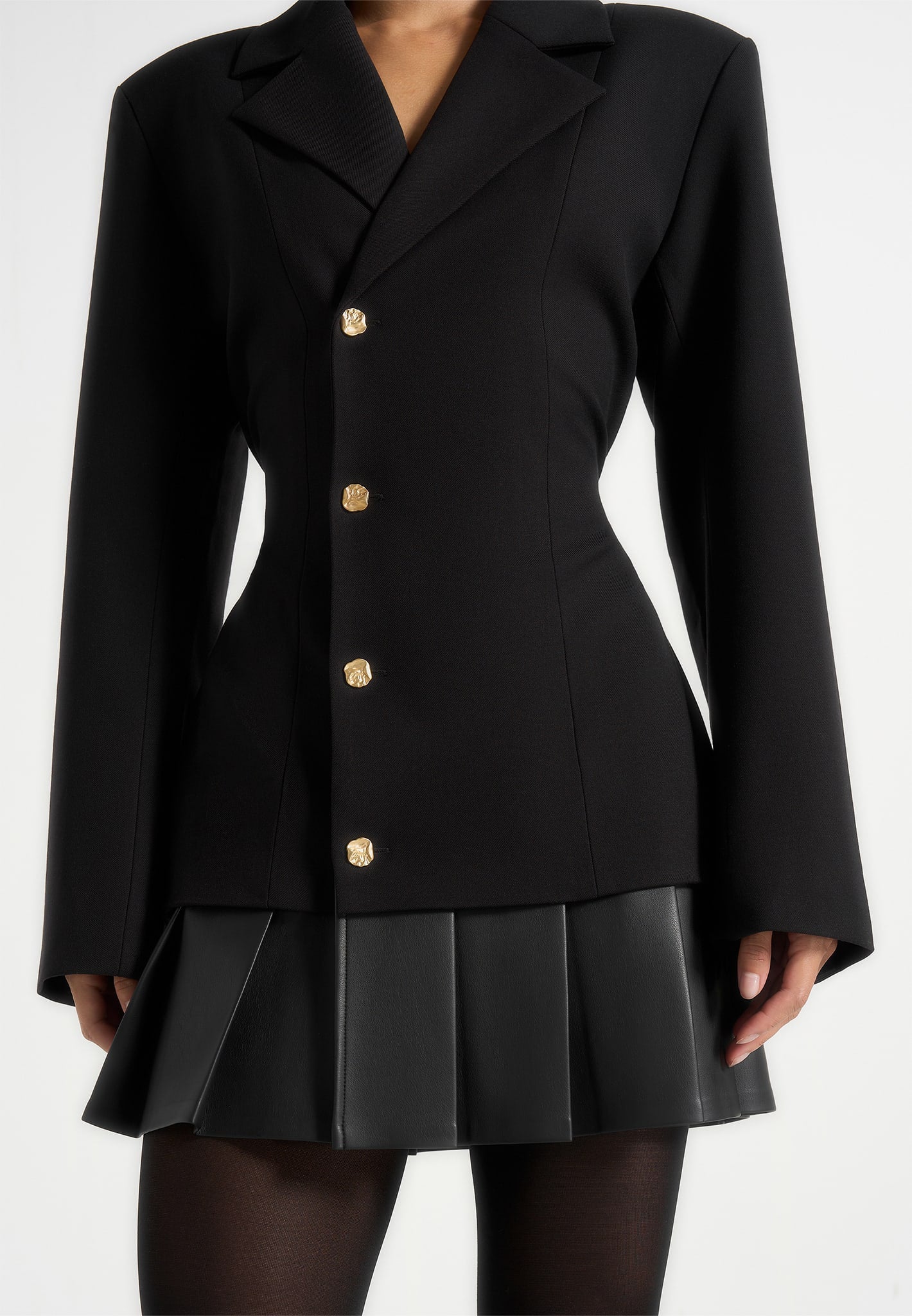 Nicole - Tailored Cinch Blazer Dress with Pleats - Black
