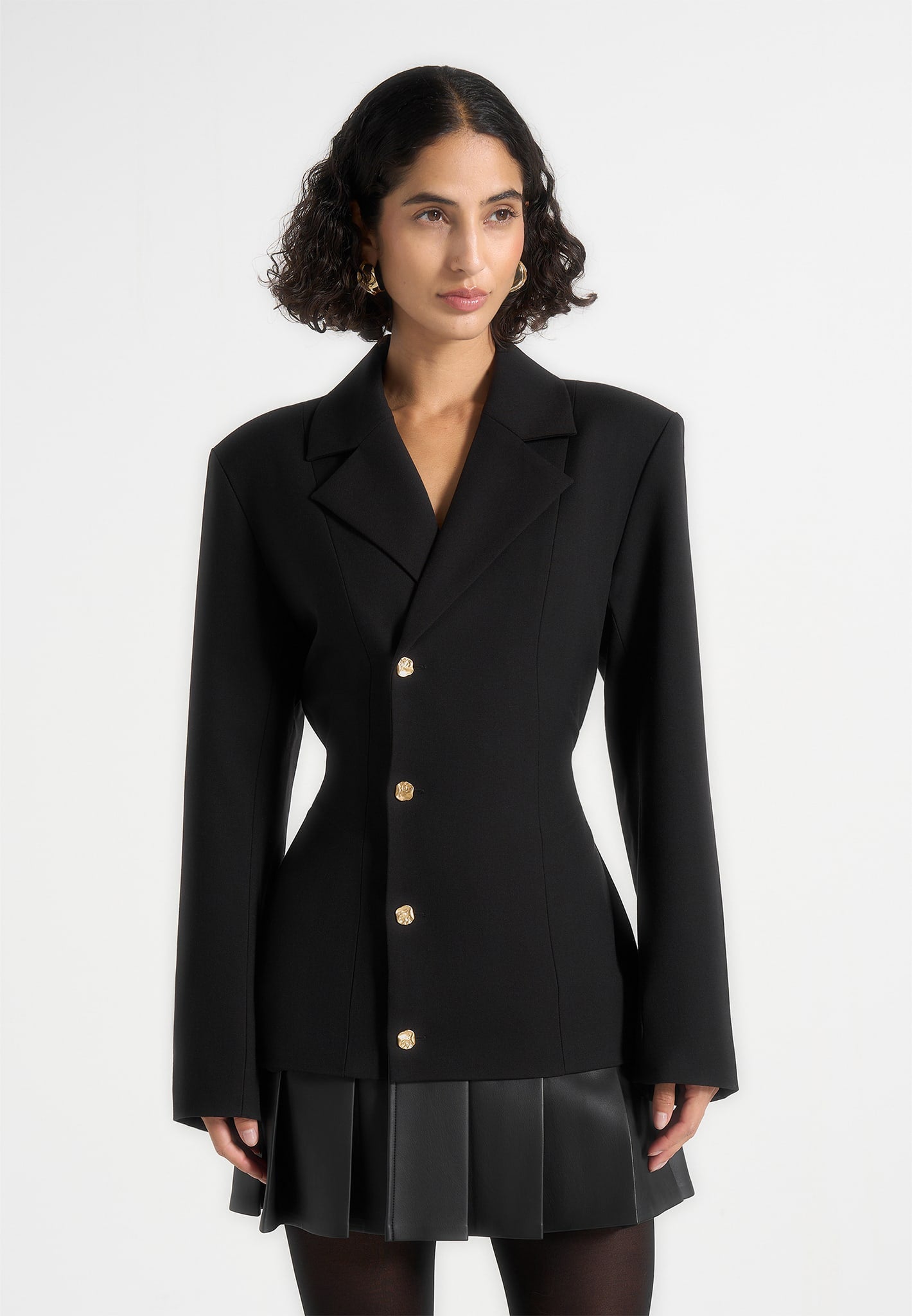 Nicole - Tailored Cinch Blazer Dress with Pleats - Black 