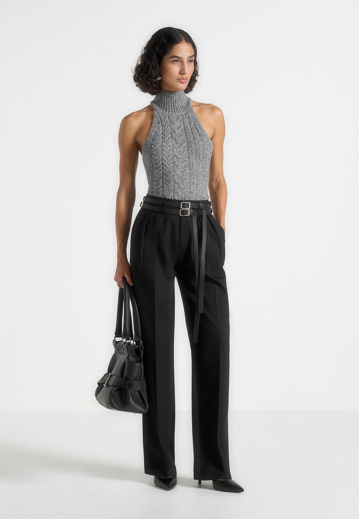 Pascale - Tailored Twin Belt Pants - Black