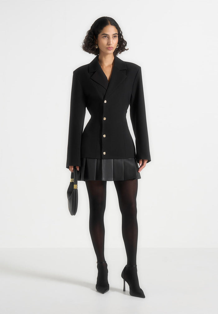 Nicole - Tailored Cinch Blazer Dress with Pleats - Black