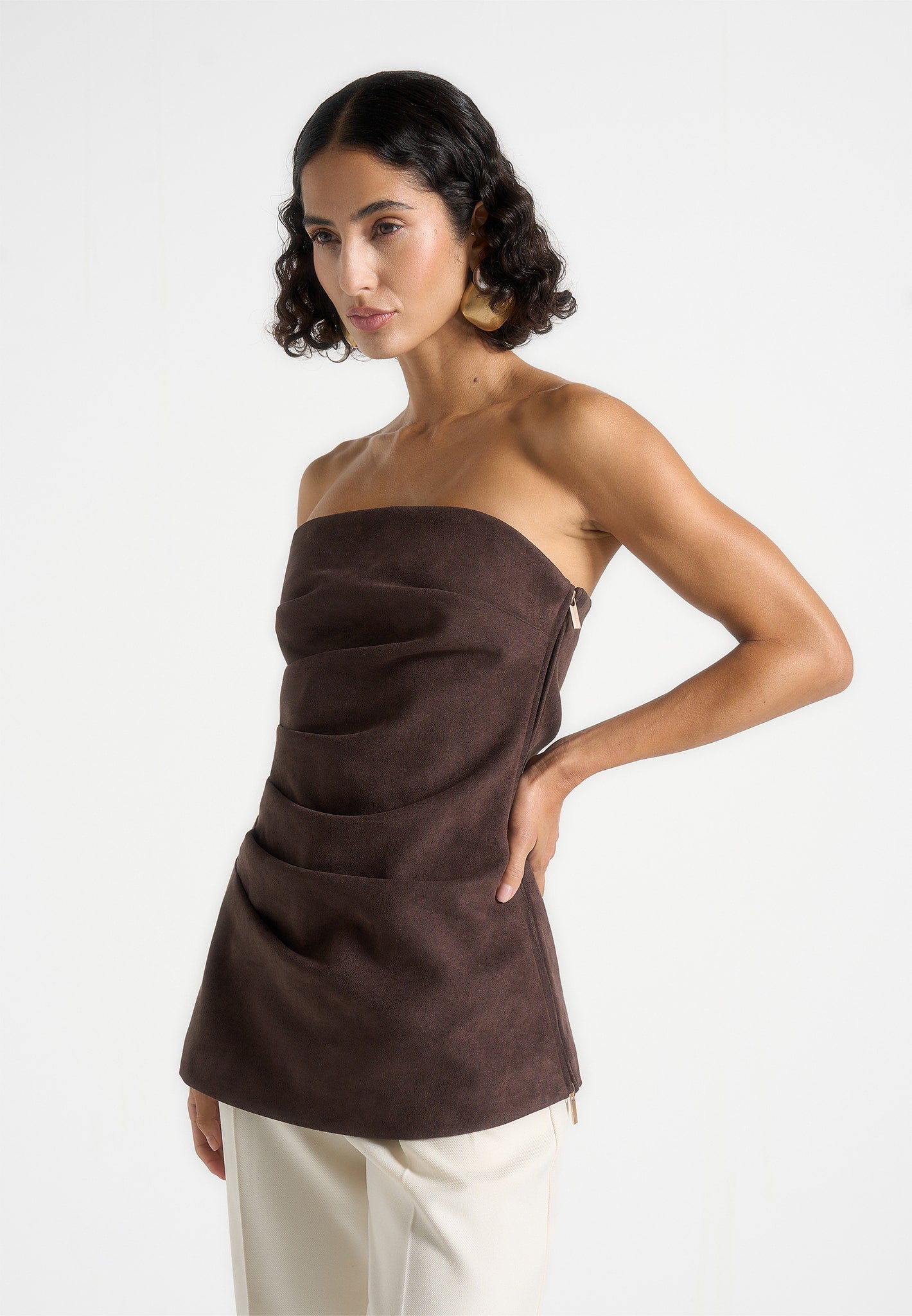 Laurena - Suede Tacked Longline Bandeau Top - Brown 