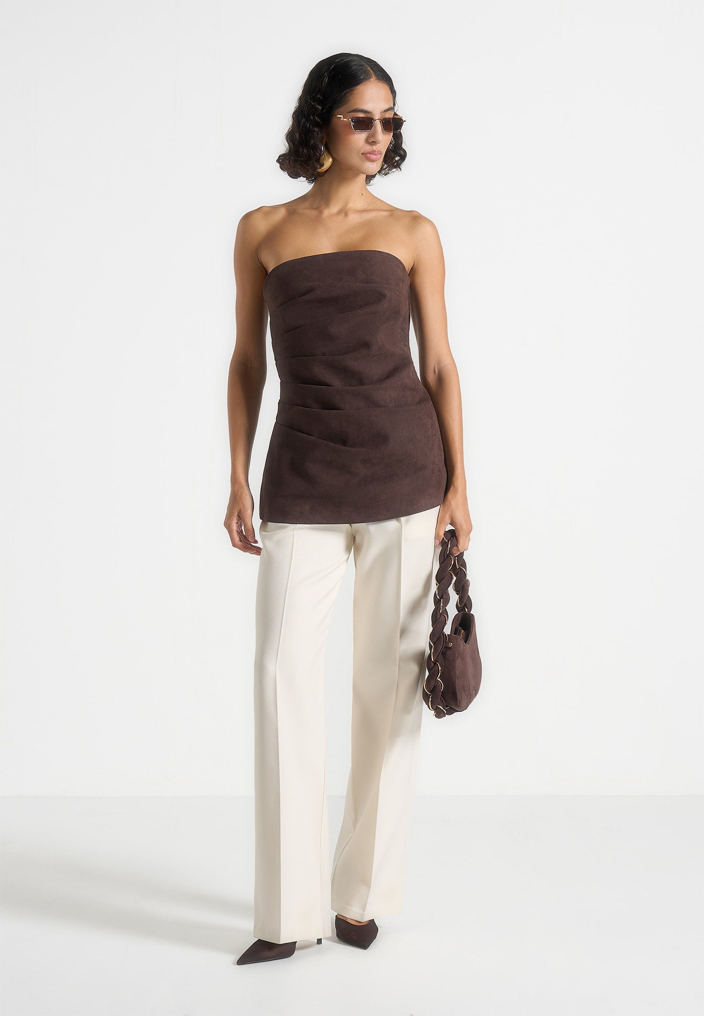 Laurena - Suede Tacked Longline Bandeau Top - Brown 