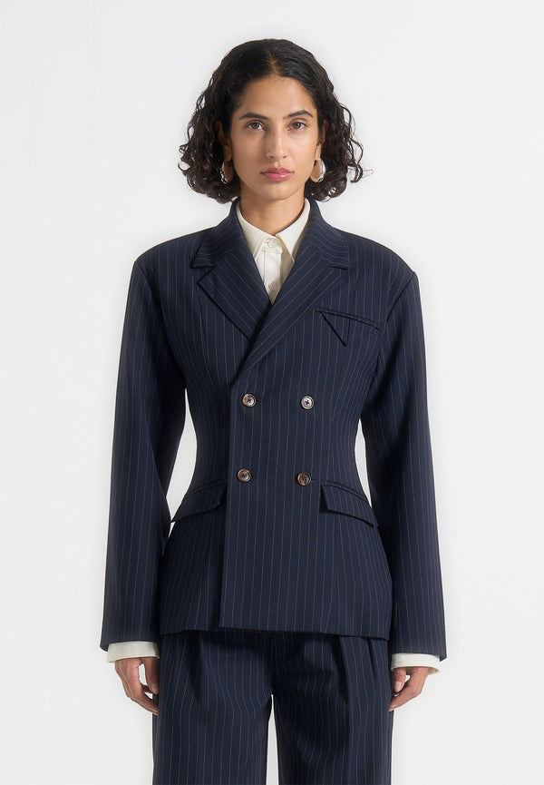 Maia - Pinstripe Double Breasted Blazer - Navy