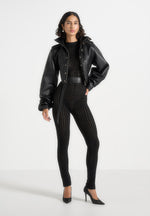 Tiana - Pointelle Knit Long Sleeve Jumpsuit with Belt - Black