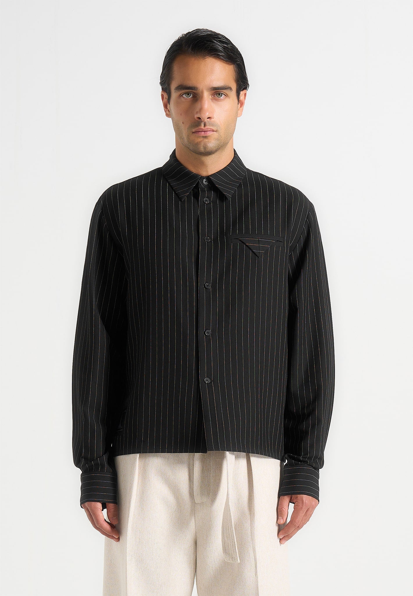 Arlo - Pinstripe Cropped Long Sleeve Shirt - Black