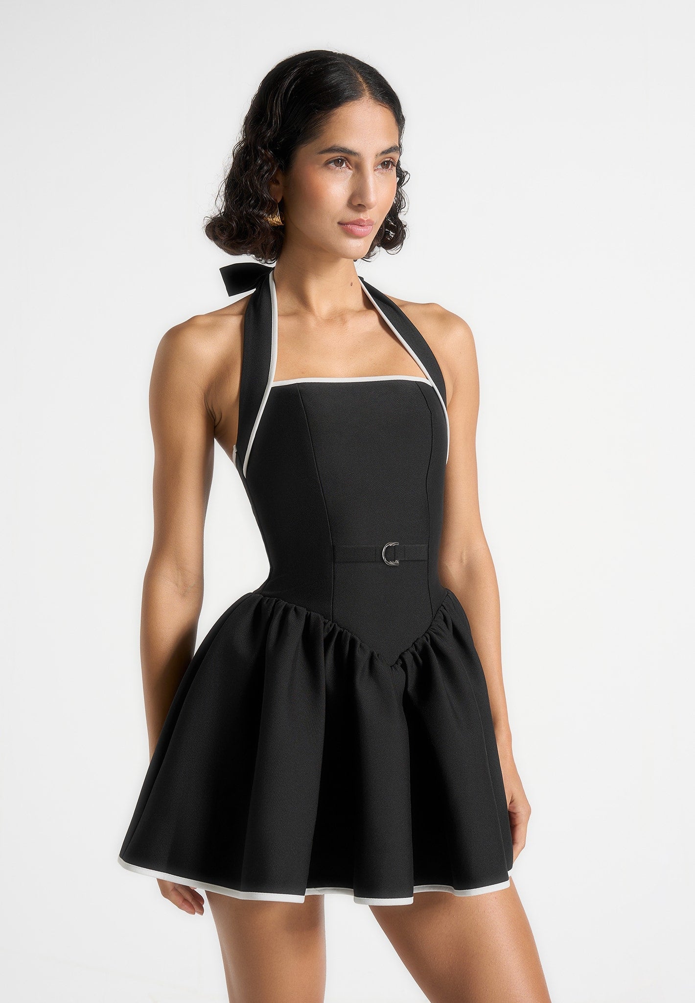 Roxana - Halter Neck Belted Mini Dress - Black 