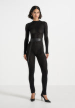 Tiana - Pointelle Knit Long Sleeve Jumpsuit with Belt - Black