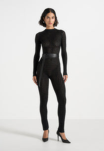 Tiana - Pointelle Knit Long Sleeve Jumpsuit with Belt - Black