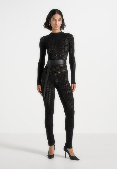 Tiana - Pointelle Knit Long Sleeve Jumpsuit with Belt - Black
