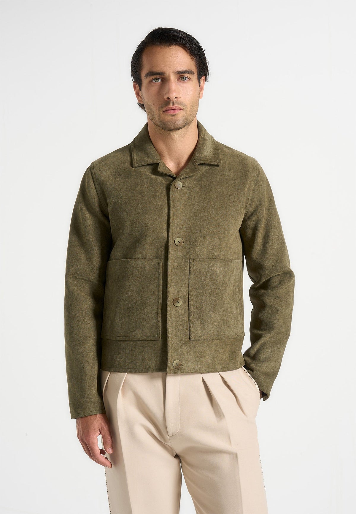 Michel - Suede Jacket With Revere Collar - Olive