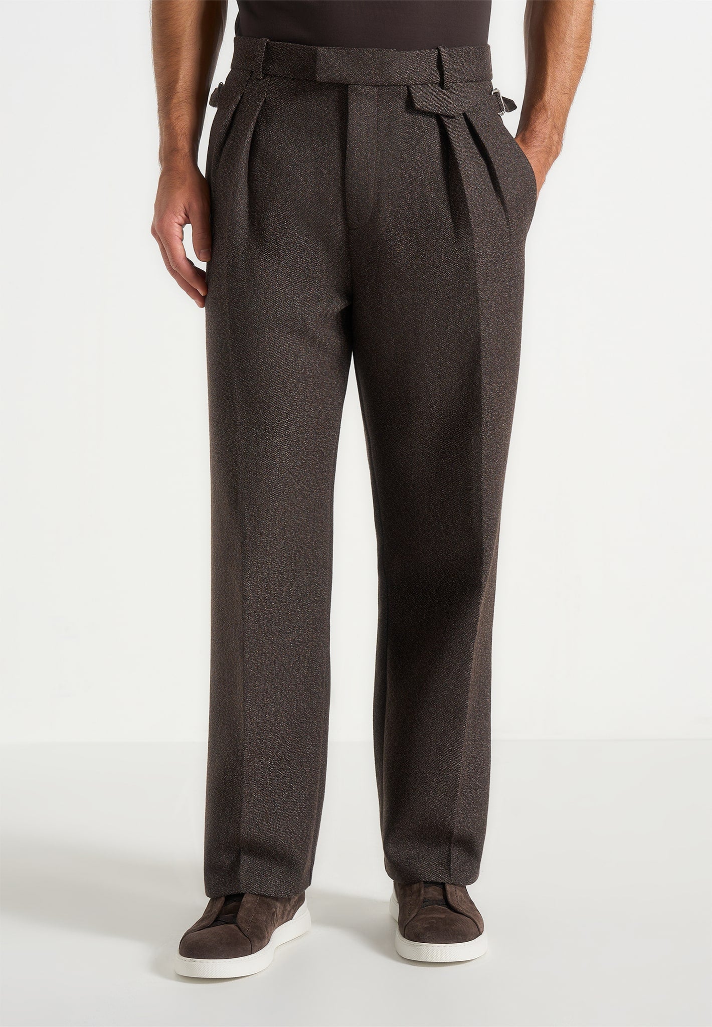 pierre-twin-pleat-melange-tailored-trousers-brown 