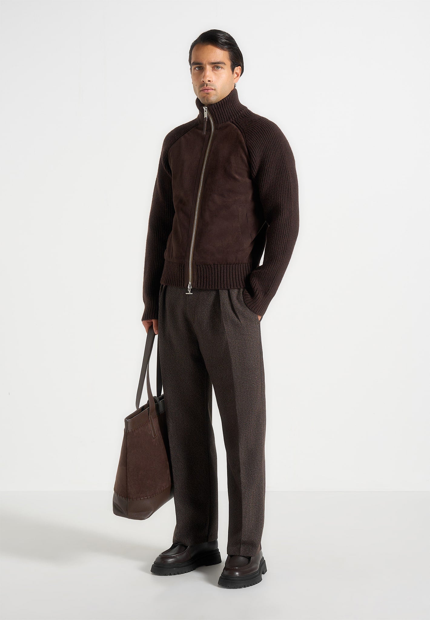 Pierre - Relaxed Fit Melange Pleated Tailored Trousers - Brown
