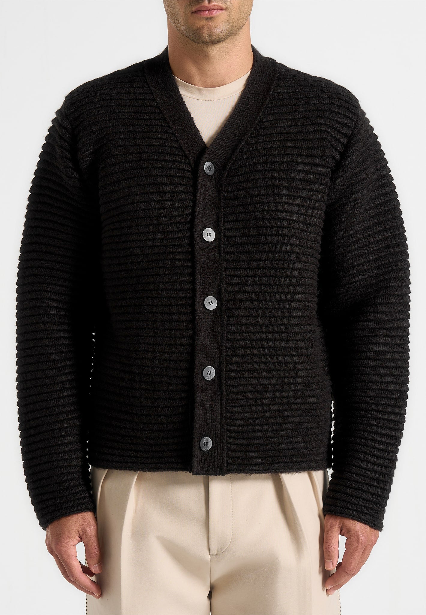 Anton - Ribbed Knit Cardigan - Black