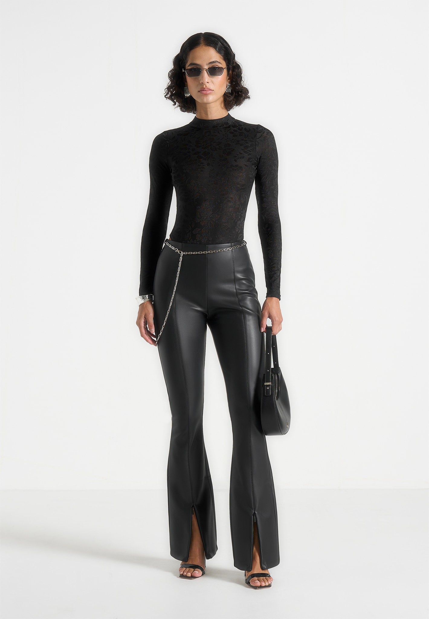 Ninon - Leather Fit And Flare Leggings With Chain - Black