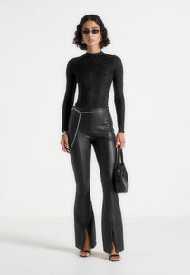 Ninon - Leather Fit And Flare Pants With Chain - Black