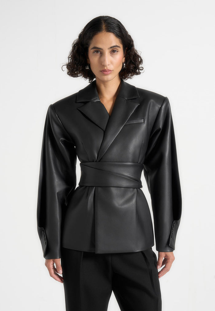 marie-twist-sleeve-leather-blazer-with-belt-black