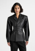 Marie - Twist Sleeve Leather Blazer with Belt - Black