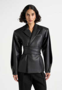 Marie - Twist Sleeve Leather Blazer with Belt - Black