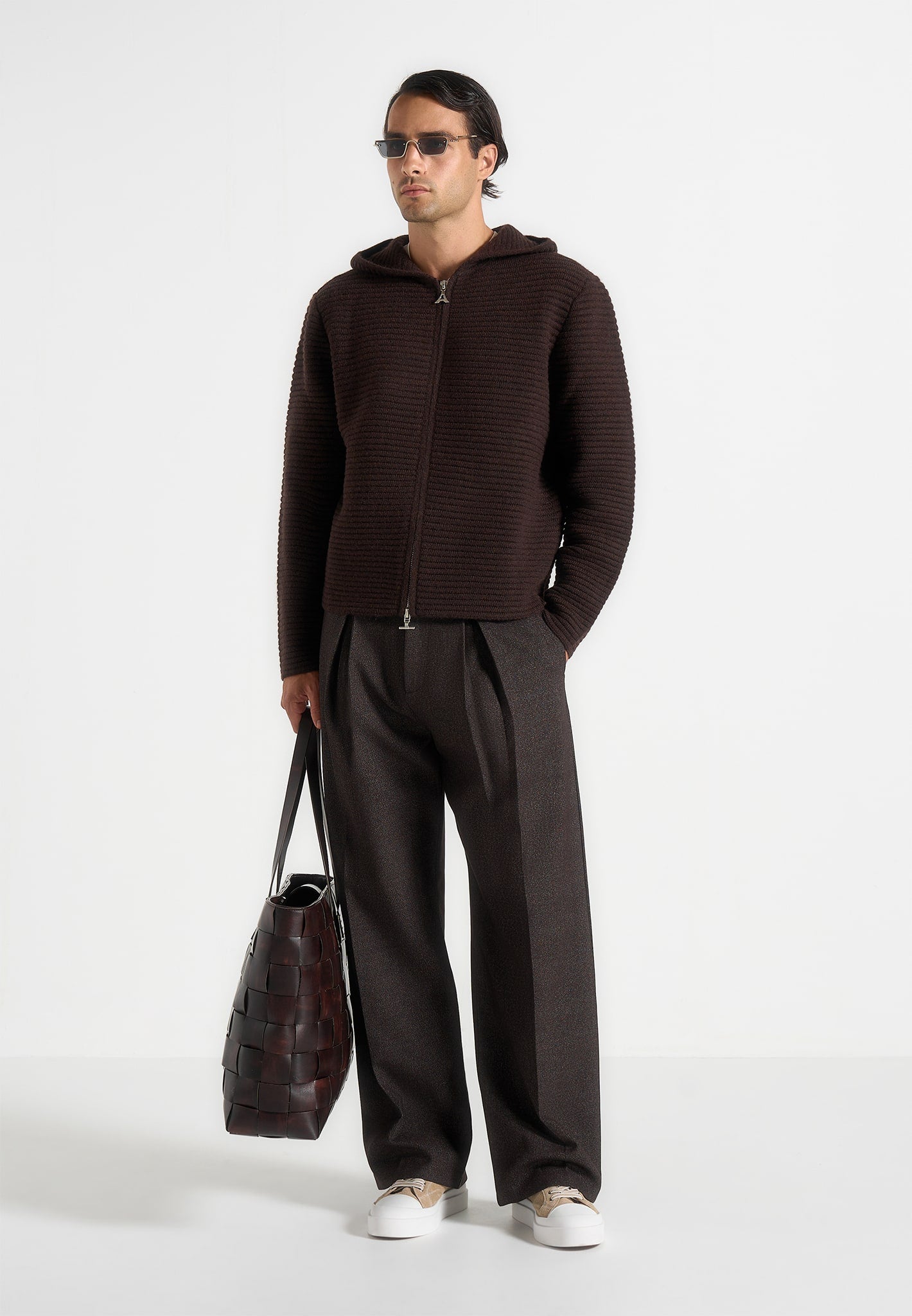 Eden - Unisex Ribbed Knit Zip Up Hoodie - Brown